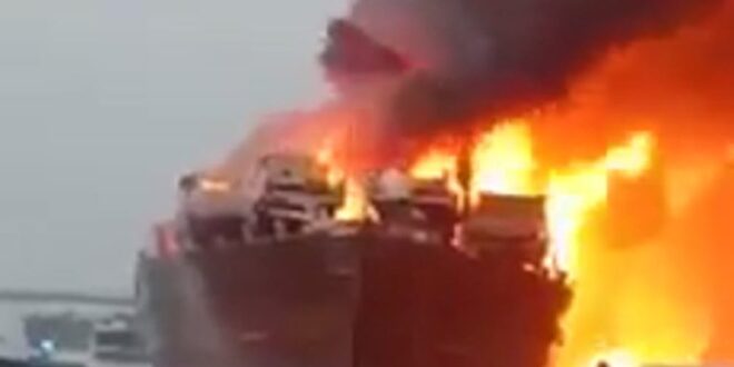 دبي.. حريق هائل بسفينة شحن محملة بالسيارات (فيديو)